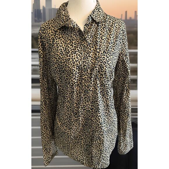 J Crew Size Large Tan & Black Cheetah Print Shirt Signature Fit Cotton Button L - Picture 9 of 9